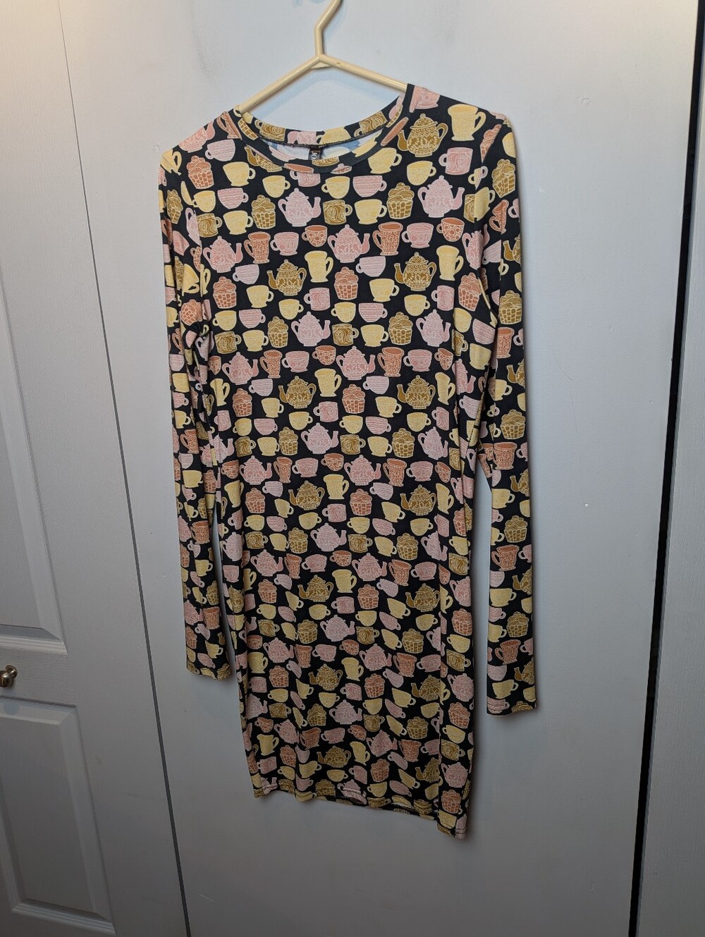 JOELLE Collection Teapot & Tea Cup Print Dress 2022 Collection Long Sleeve Sz L